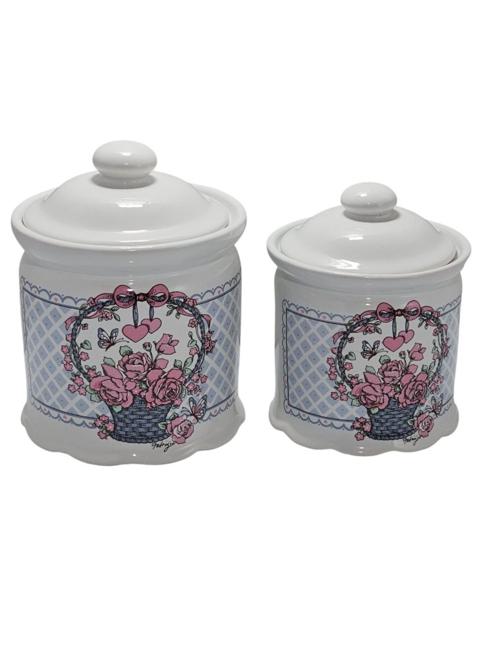1980s Canister Set /2 Veranda Hearts Roses Basket Cottagecore vtg kitchen storag